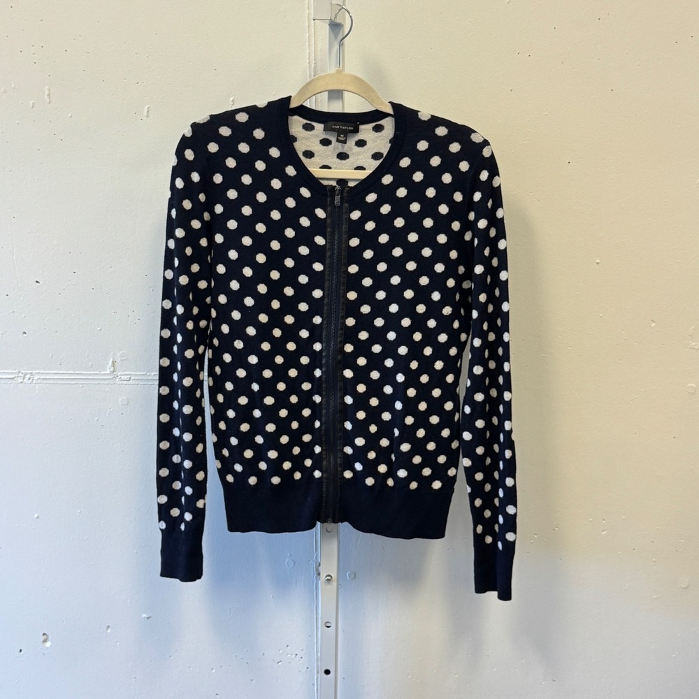 Ann Taylor Navy White Polka Dot Zip Front Cardigan Sweater Cashmere Blend Medium